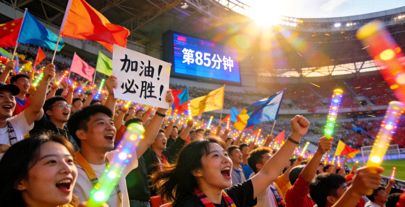 球迷在看台上为球队加油庆祝的现场画面